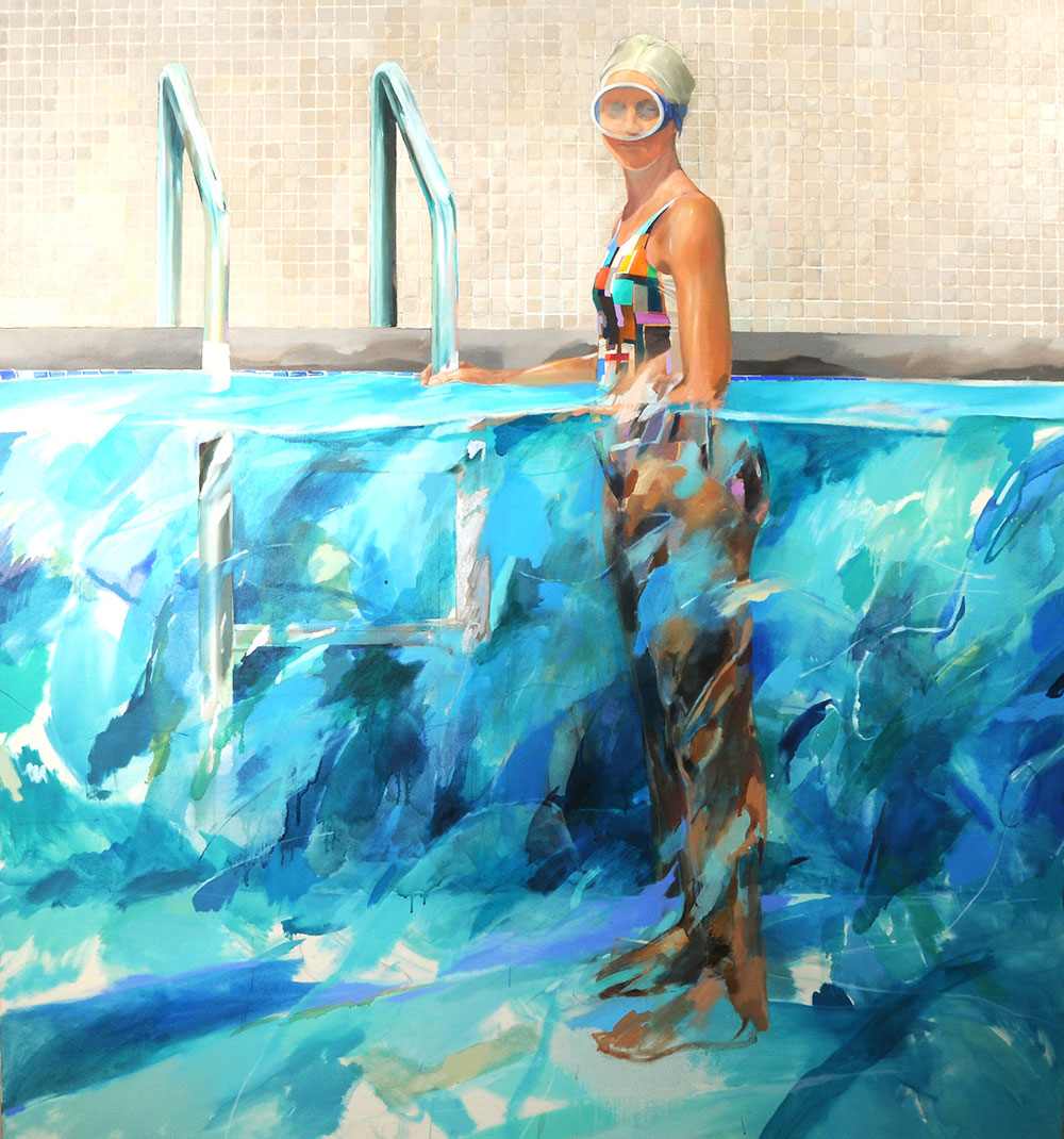 Painting of woman in a swimming pool.