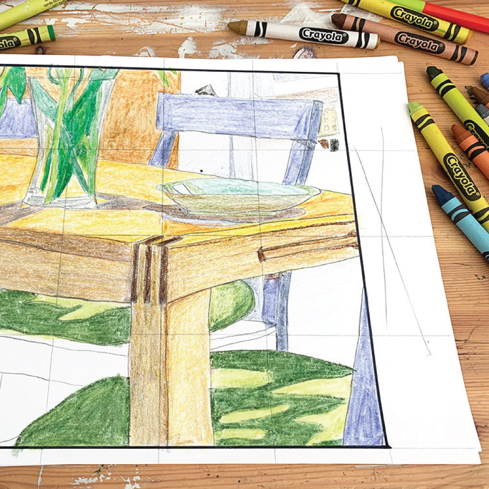 Drawing of kitchen scene colored with crayons.