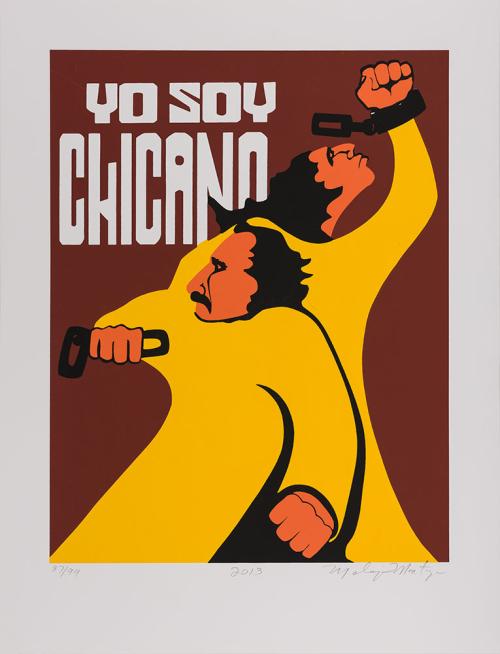 Screen print of two figures breaking chains and the words 'Yo Soy Chicano'. Print by Malaquias Montoya.