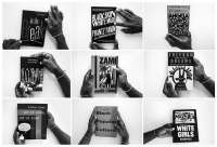 Nine photos from Arnold J Kemp's 'Possible Bibliography' showing his hands holding various books from his library.