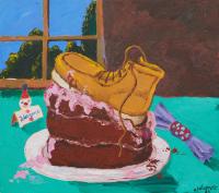 Painting of a boot on a chocolate cake with pink frosting by a window with a purple party favor and clown card that says 'Wayne'.