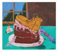 Painting by Robert Colescott of a cake with a boot on it.