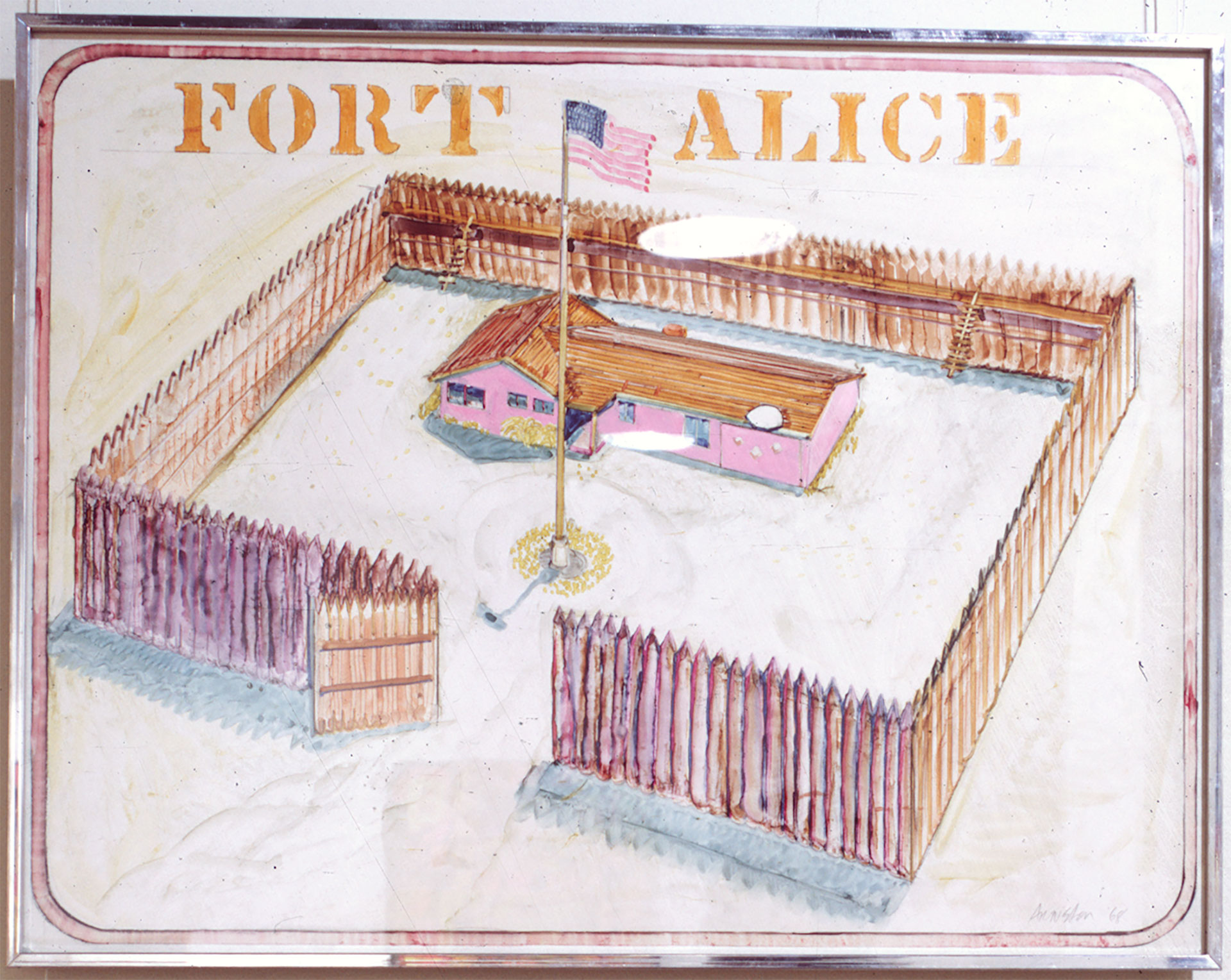 Drawing of a house surrounded by a wooden palisade with the words 'Fort Alice' on the top.