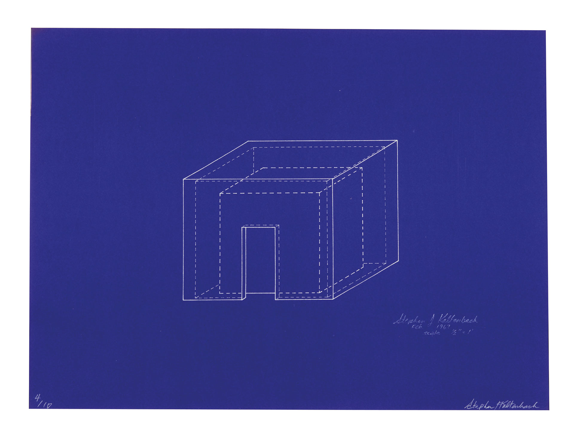 Blue print drawing of a cube room.