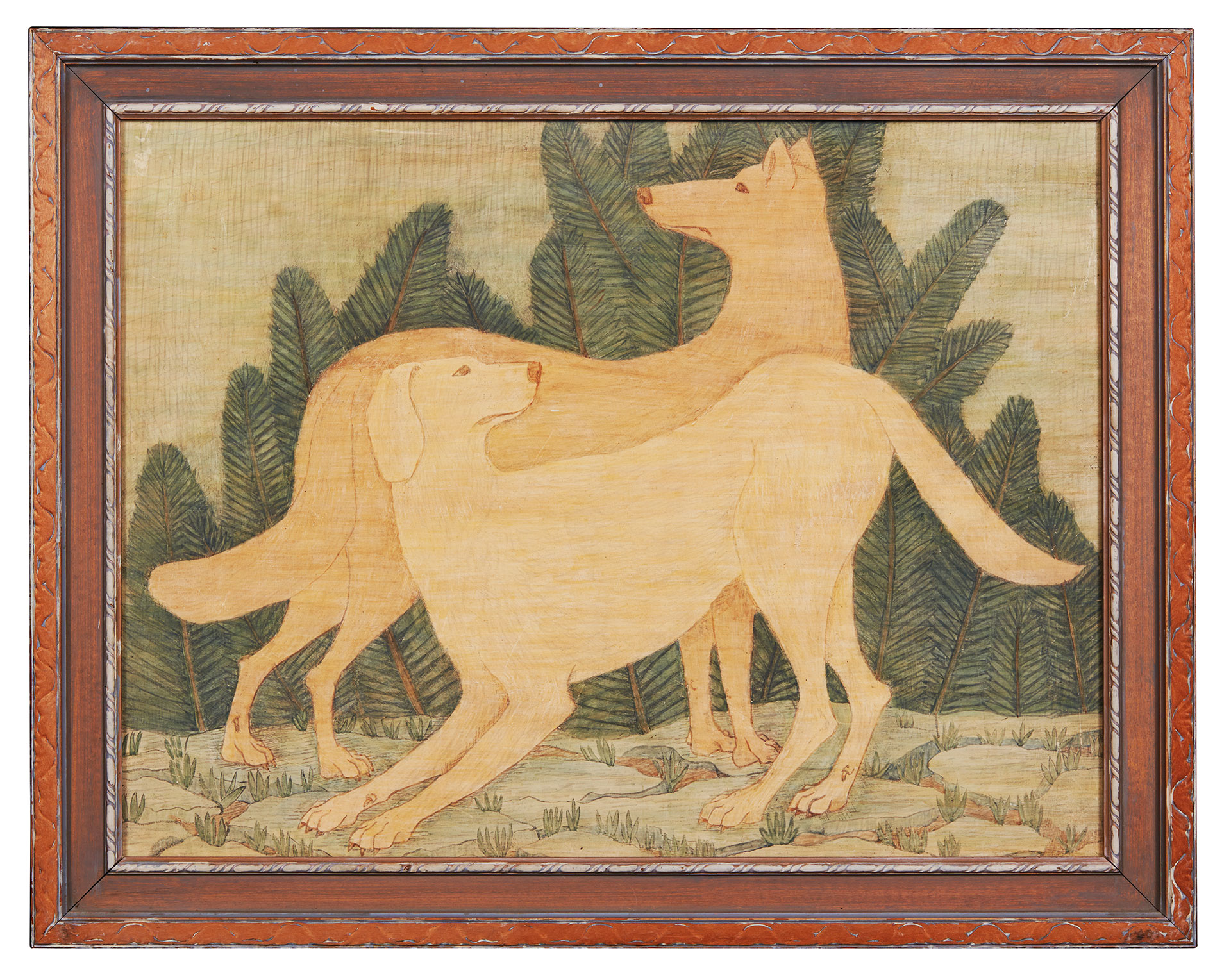 Framed artwork of two dogs.