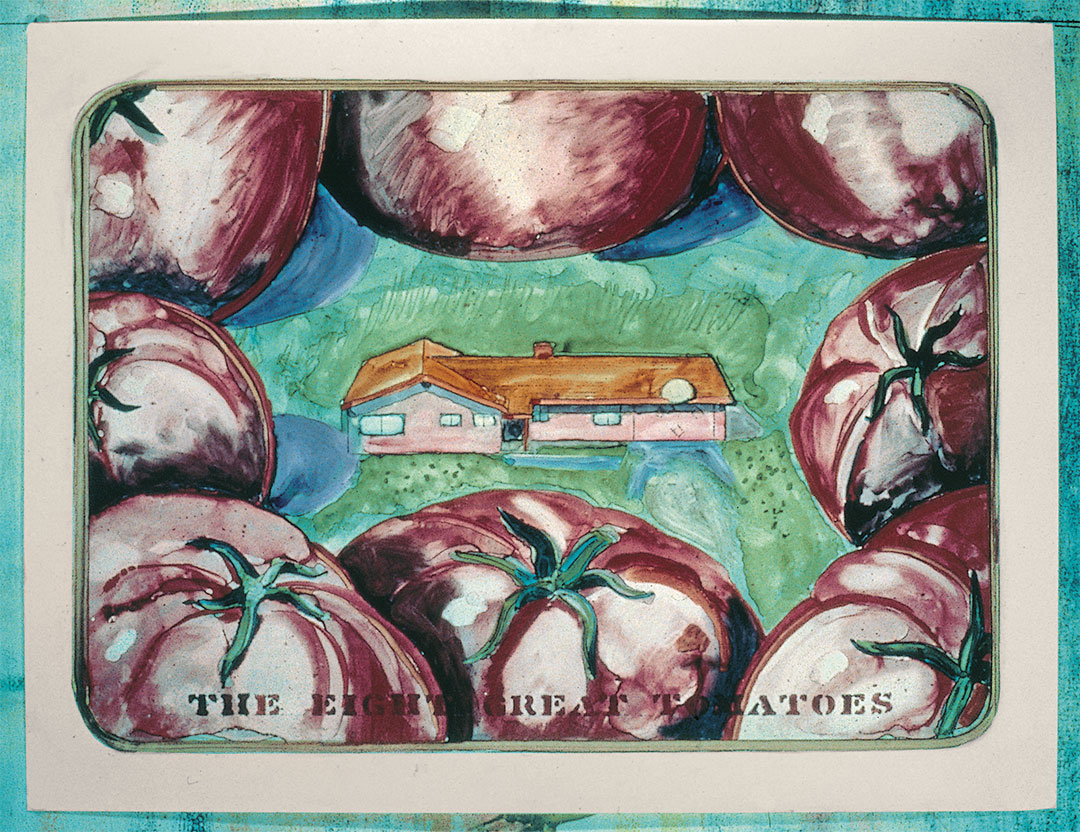 Color drawing of house surrounded by eight giant tomatoes.