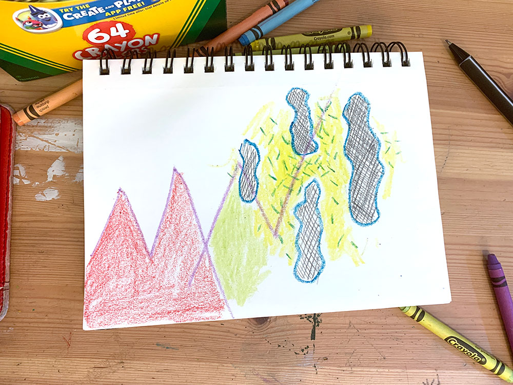 Zigzag line. abstract shapes filled in with cross hatches and a yellow colored in area on paper.