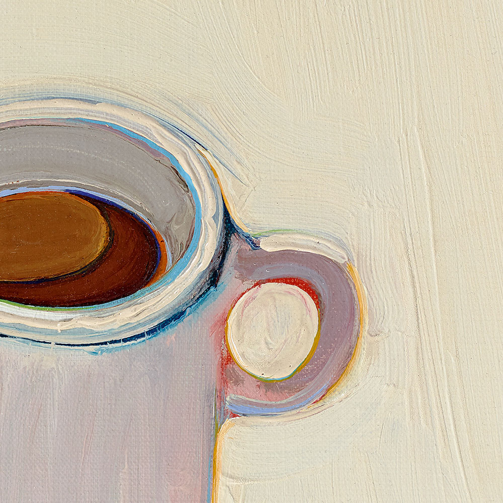 Detail of painting of white mug with coffee inside on a white background.