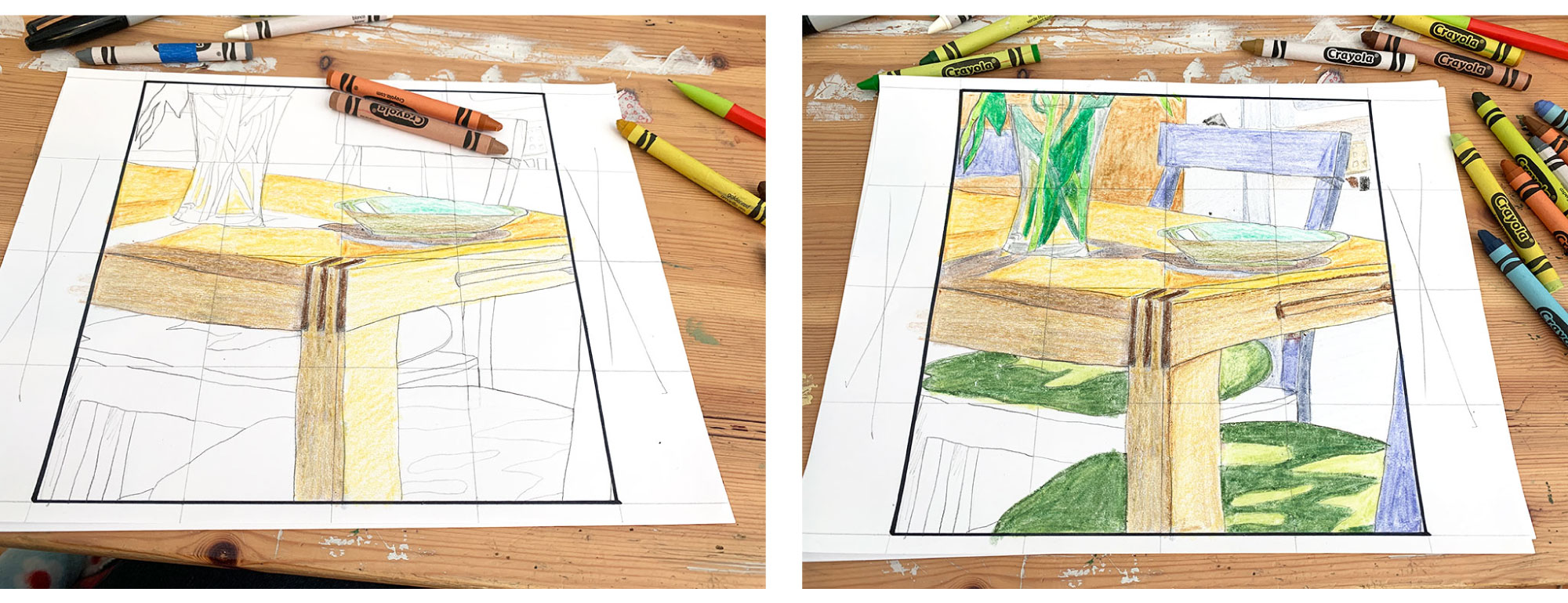 Two pictures showing the coloring in of a pencil drawing using crayons.