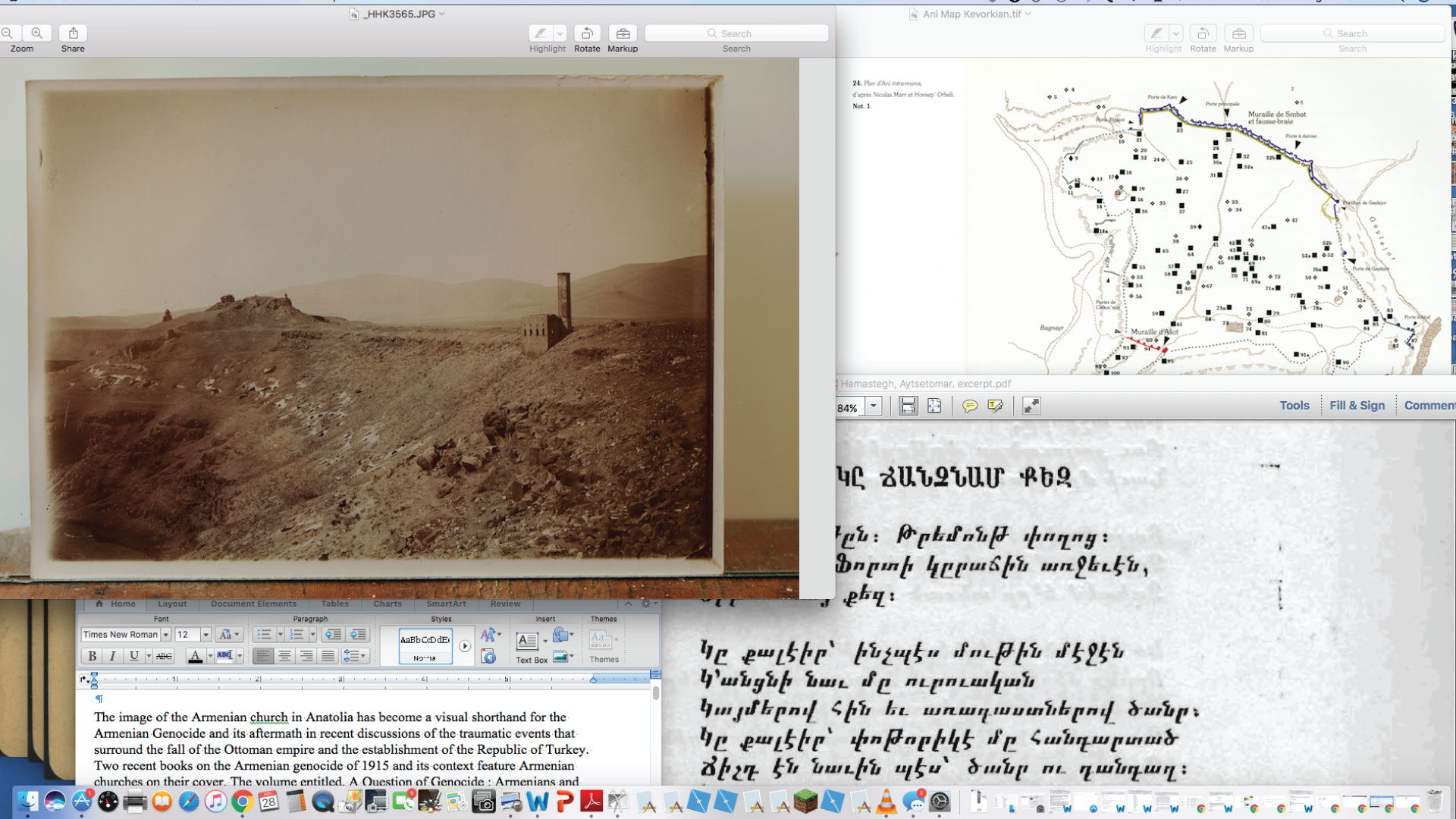 Screen shot of a computer screen showing a map, old photograph and some script.