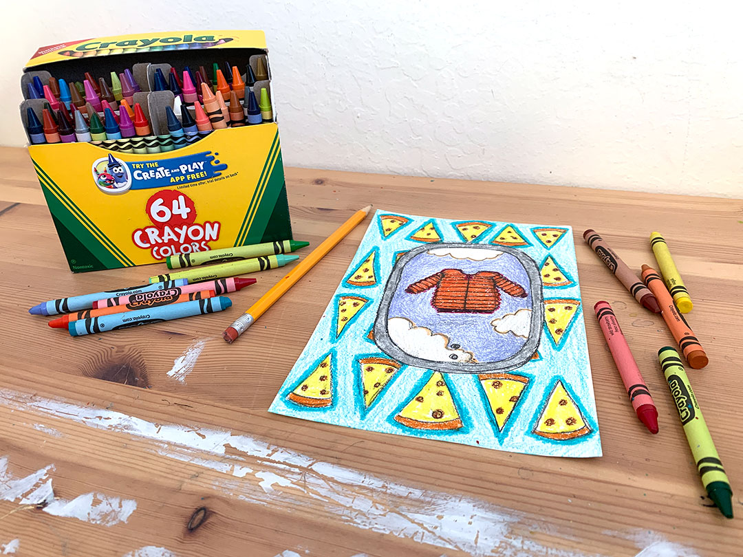 Box of crayons, pencil and paper with drawing featuring orange puffy jacket, pizza slices and blue background.