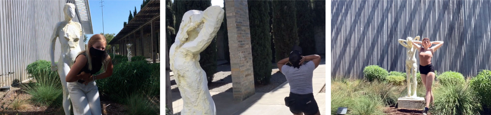 Three photos of actors posing in front of statues by Manuel Neri.