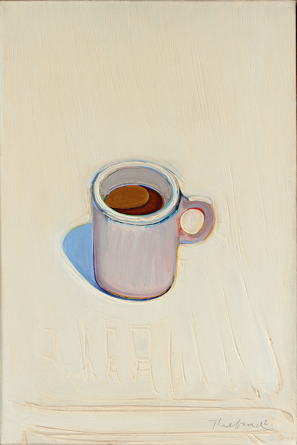 Painting of a white mug filled with coffee on white background.