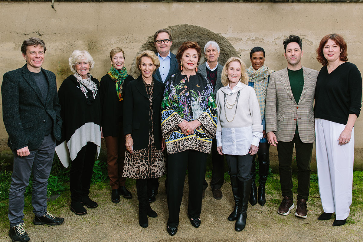 Left to right: Simon Sadler, Nancy Roe, Jane Rosenberg, board co-chair Carol Parker, John Wasson, Maria Manetti Shrem, Matt Bult, board co-chair Lorna Meyer Calas, LeShelle May, Mauro Aprile Zanetti and Founding Director Rachel Teagle in January 2024. Photo: Lisa Beth Anderson