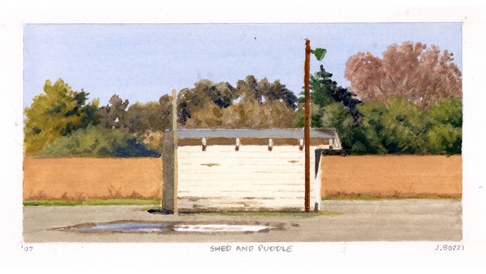 Julie Bozzi, Shed and Puddle, 2014. Gouache on paper, 8 x 11 in.Courtesy of the artist and Talley Dunn Gallery. © Julie Bozzi.