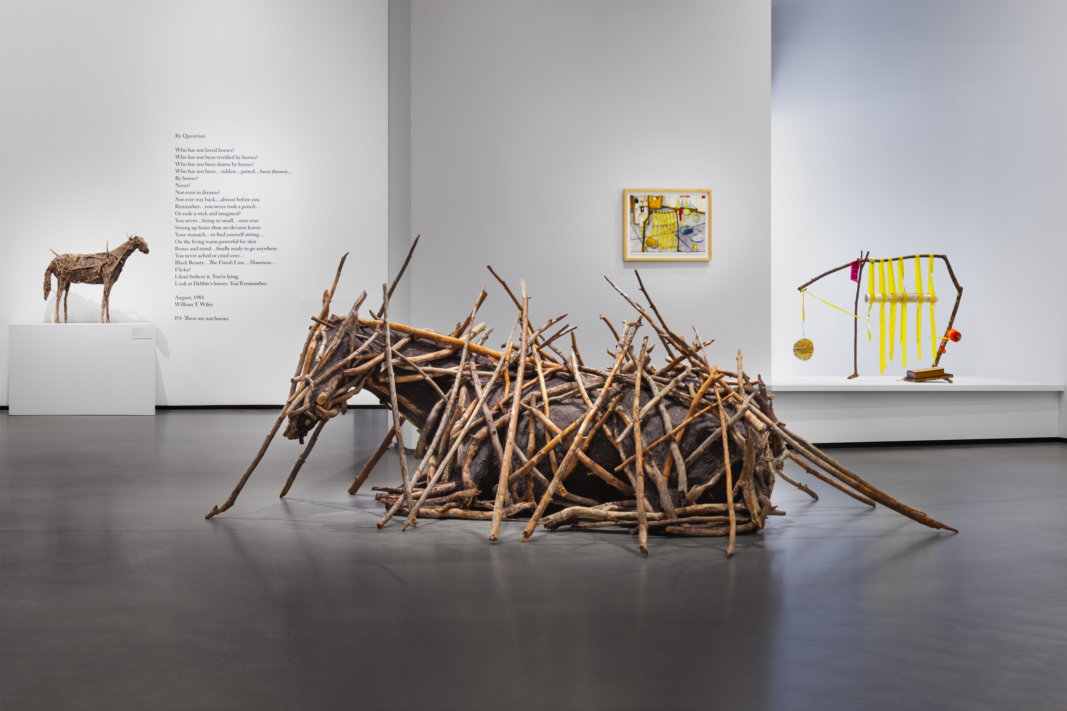 Installation image of horses by Deborah Butterfield and William T. Wiley.