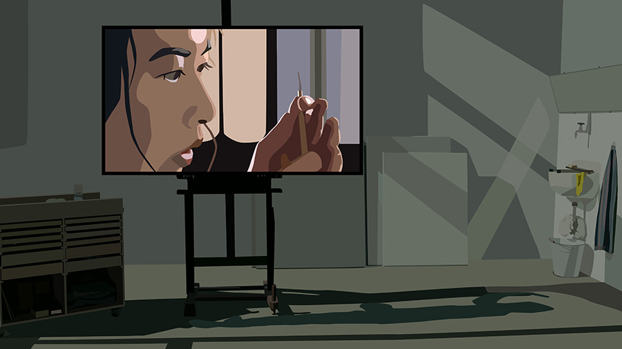 Illustration: dim room with TV showing woman's face and hand, slanted shadows