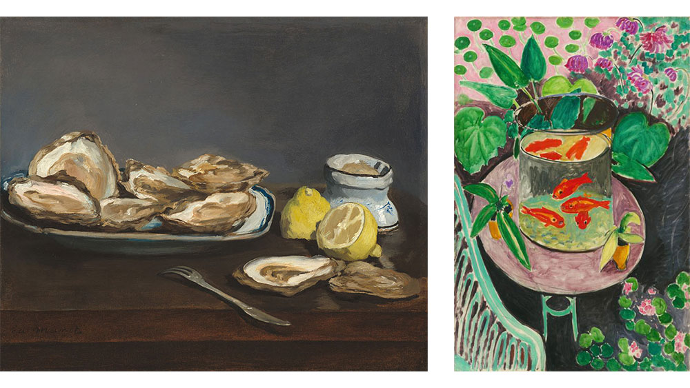 Left: Edouard Manet, Oysters, 1862. Oil on canvas, 39.2 x 46.8 cm (15 7/16 x 18 7/16 in.). Gift of the Adele R. Levy Fund, Inc. Courtesy National Gallery of Art, Washington. Right: Henri Matisse, Goldfish, 1912. Oil on canvas, 147 x 98 cm. The Pushkin State museum of Fine Arts, Moscow. 