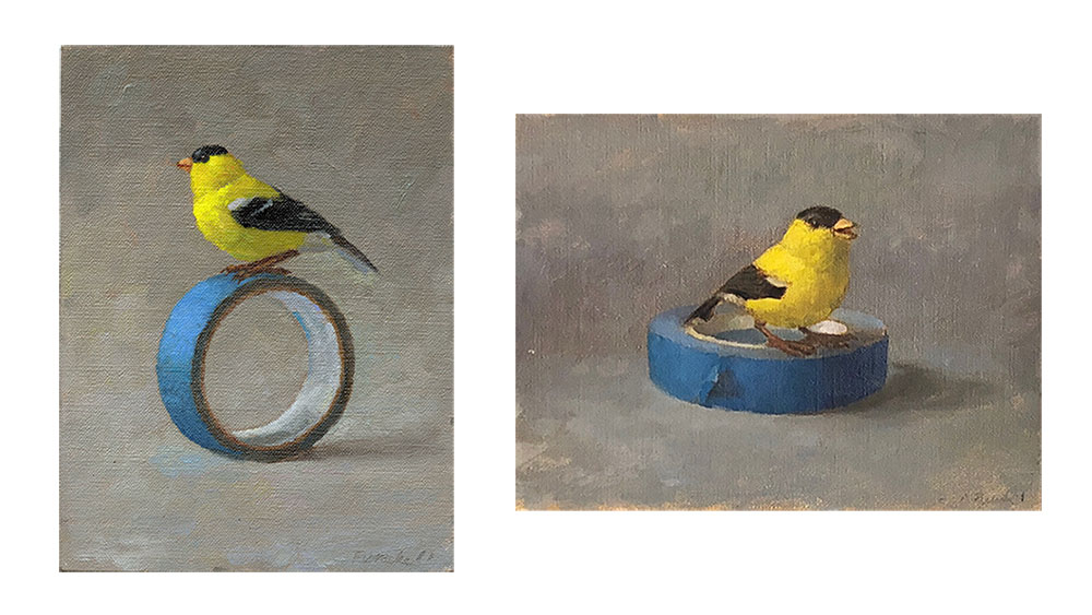 Left: April Glory Funcke, Goldfinch & Tape, 2011. Oil on panel, 8 x 6 in. (20.3 x 15.2 cm). Right: April Glory Funcke, Singing Goldfinch, 2011. Oil on panel, 8 x 6in. (20.3 x 15.2 cm). Courtesy of the artist. © April Glory Funcke.