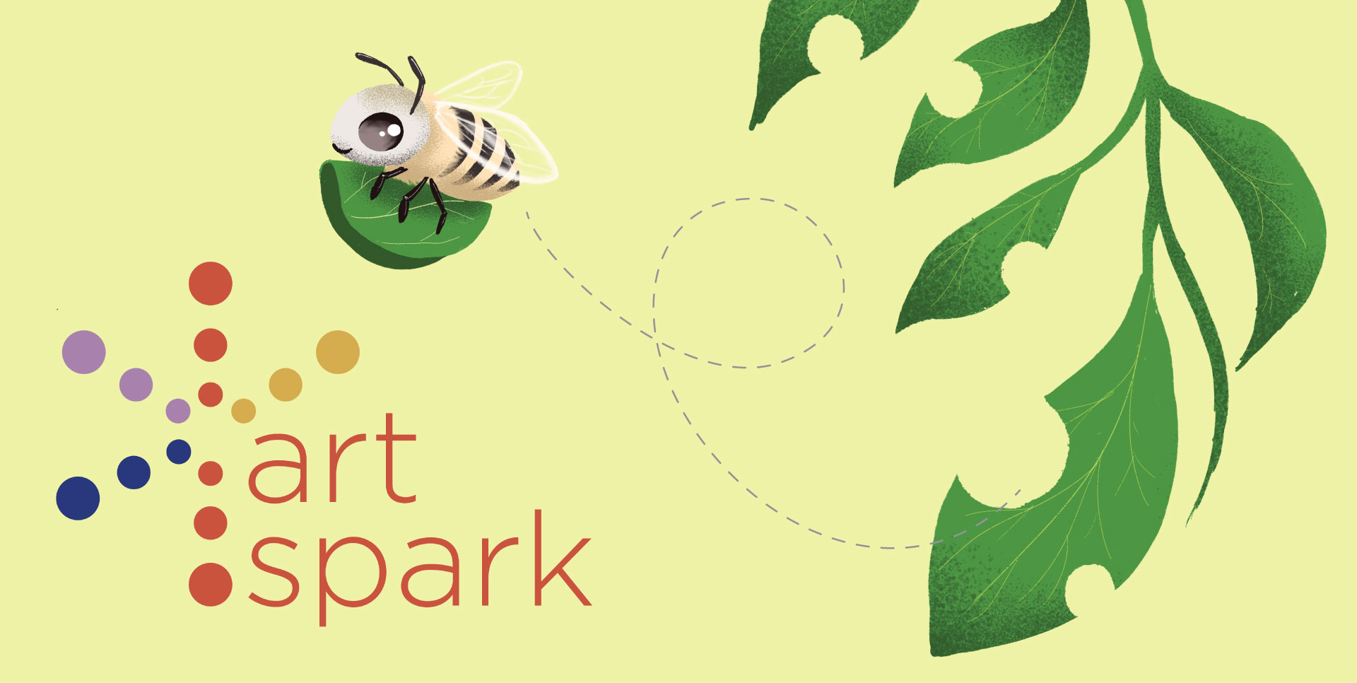 Illustration of a leaf cutter bee flying with a piece of leaf from a nearby branch. Logo on the bottom says 'Art Spark'.