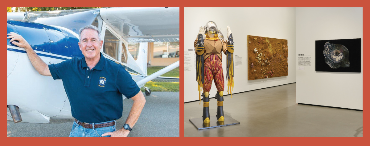 Professor Stephon Robinson standing next to an airplane paired with an image of the museum gallery with art.