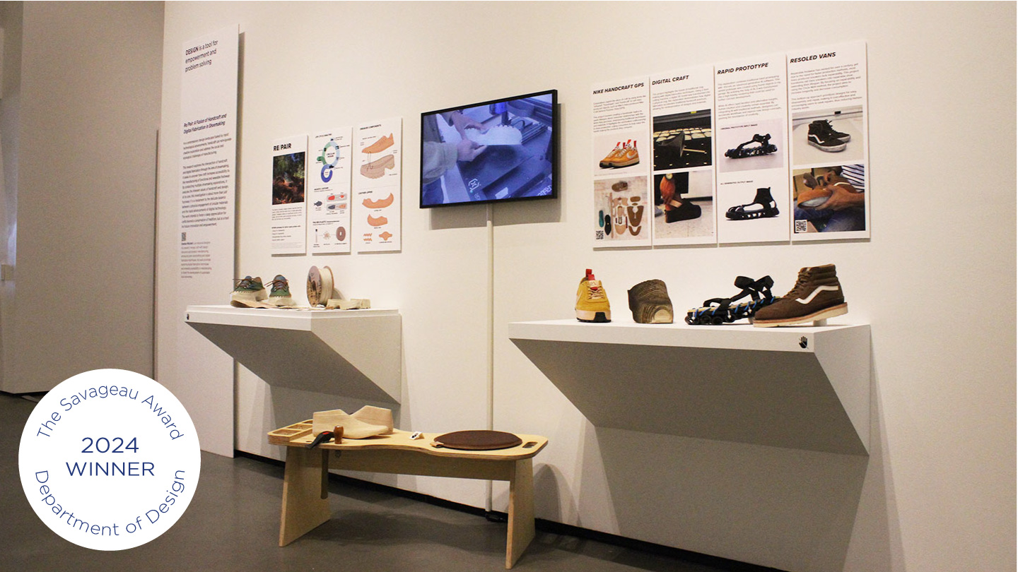 An installation explaining and demonstrating handcrafted and digital shoemaking includes a video monitor, shoemaker's bench and tools, prototype sneakers, and wall labels with photos.