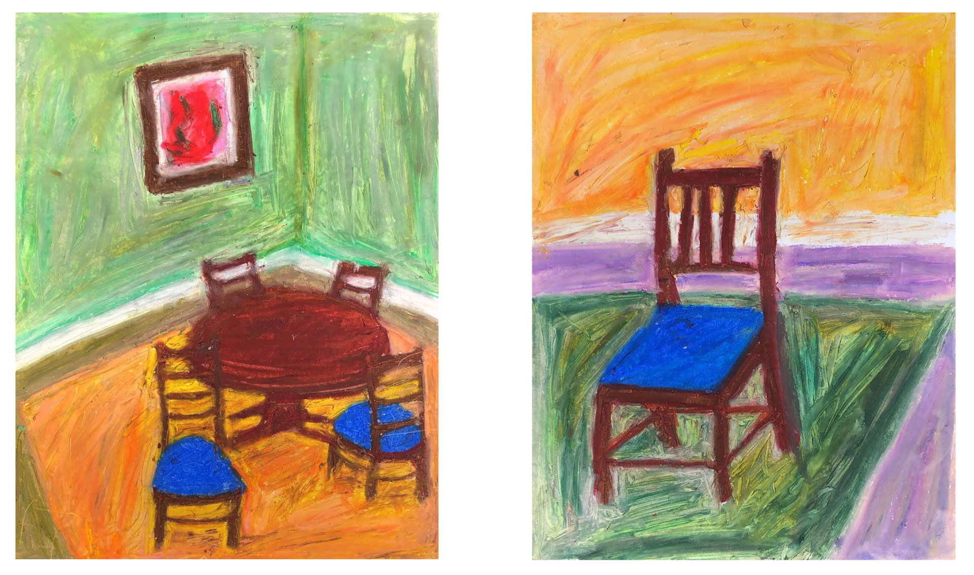 Two paintings of a table with chairs and a single chair.