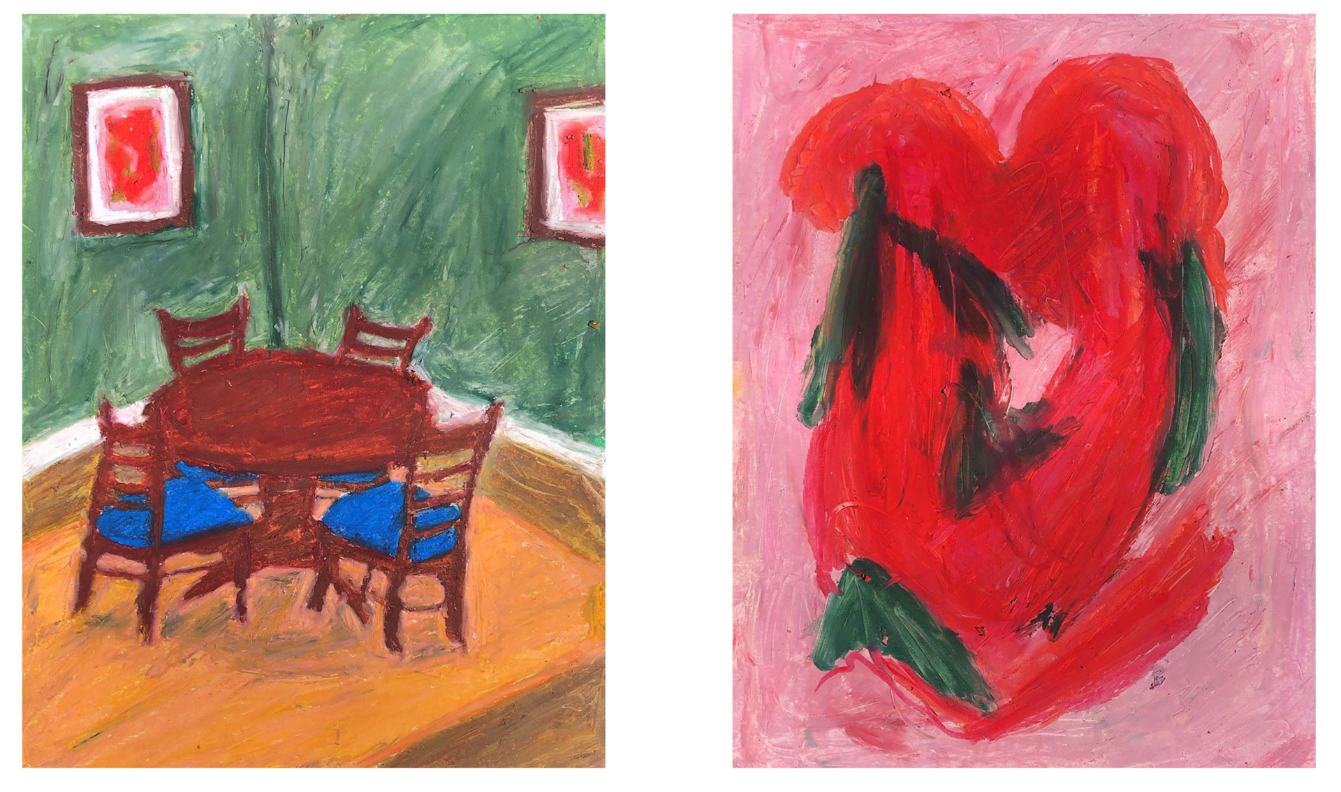 Two paintings of a table and chairs and an abstract painting of red and pink shapes.