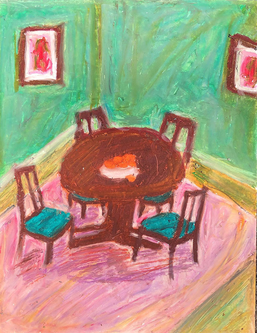 Painting of table and chairs on a pink rug in a green room.