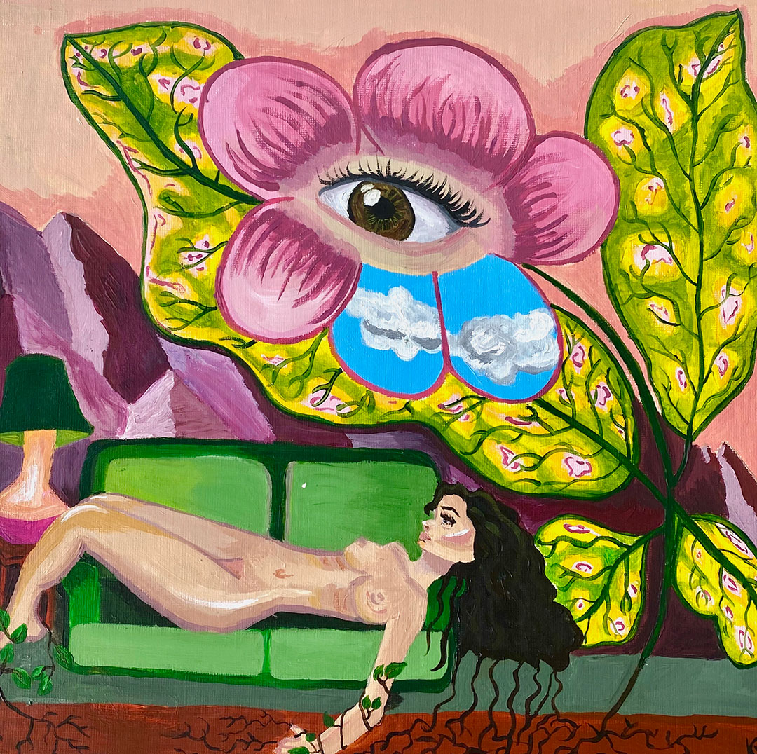 Painting of a nude woman laying on a couch with plants around her.