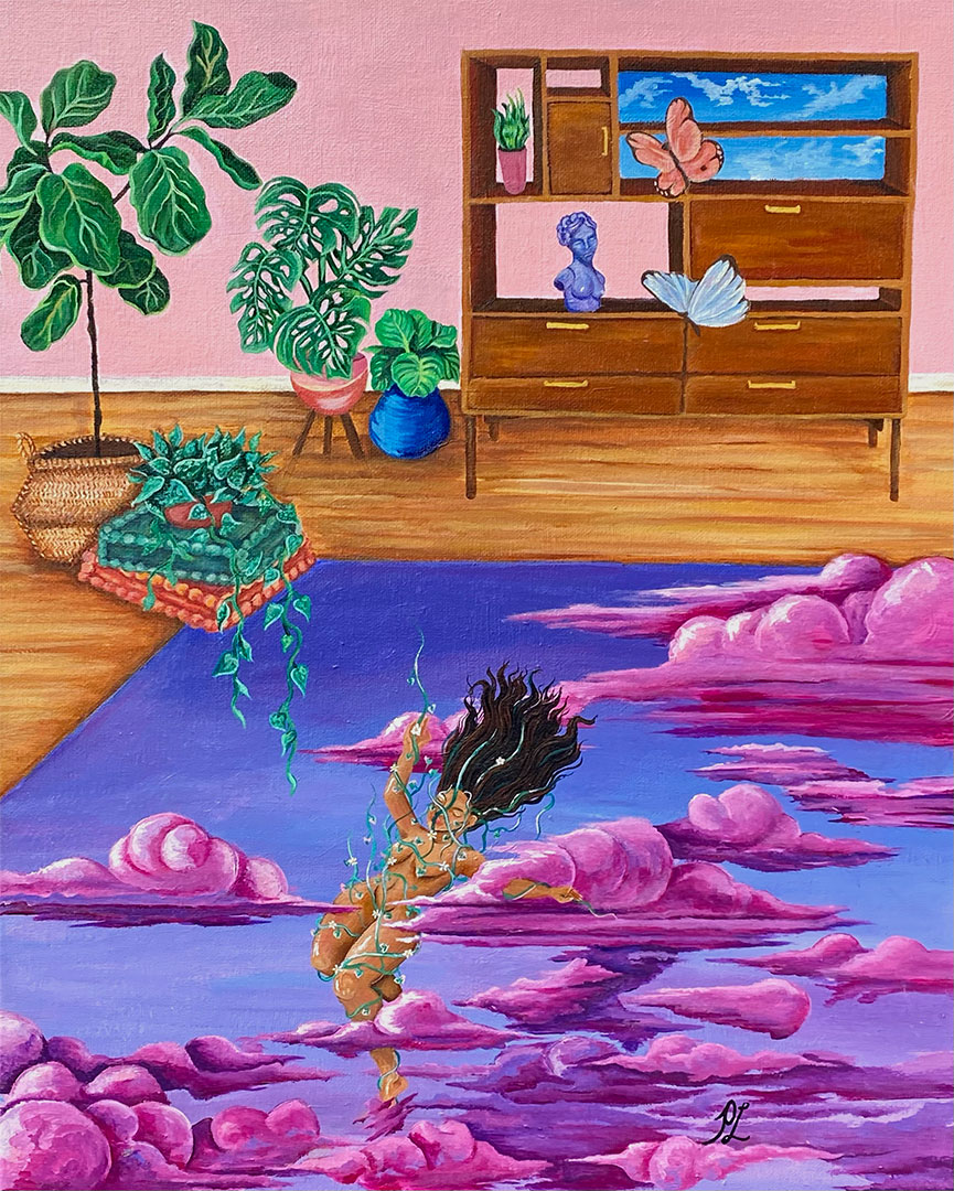 Painting of a woman falling through the floor with purple and pink clouds around her.