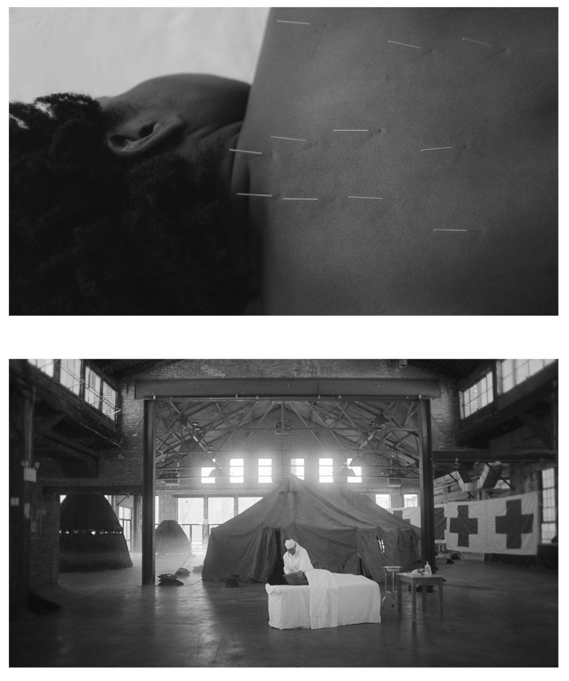 Black and white stills from a video showing a woman's back with needles in it and a nurse in a warehouse.