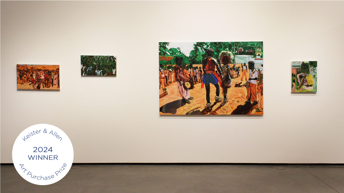 Four paintings using oil, pastels and charcoal of various sizes depicting scenes with multiple people are mounted on a white gallery wall.