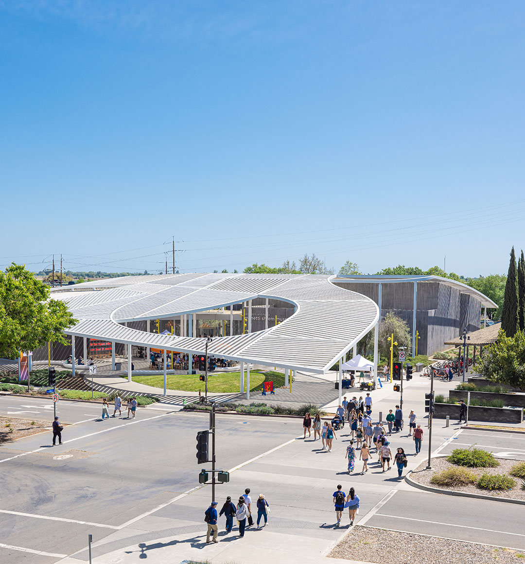 Aerial view of the museum on Picnic Day.