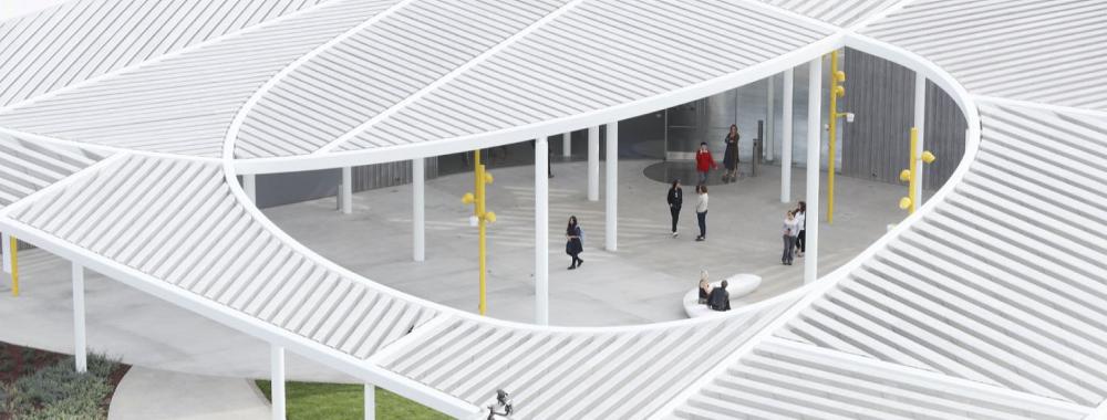 Aerial view of the event plaza through the oculus in the canopy.