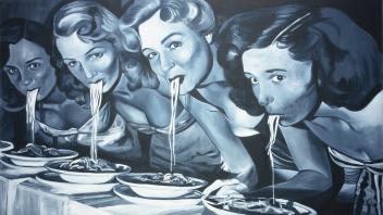 Painting in monochrome of four women eating spaghetti noodles.