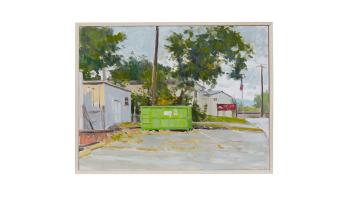 Richard Crozier, Green Dumpster, 2020. Oil on Masonite, 12x 16 in. (30.5 x 40.6 cm). Courtesy of the artist. © Richard Crozier. Photo: Cleber Bonato.