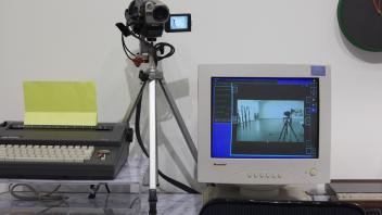 WebCam(corder): A Sony Hi8 Handycam camcorder that can be used as a webcam. This exercise was to explore off-the-shelf hacks through the use of adapters. While this piece is fully functional, the hack was expensive and used proprietary software; two aspects that should be avoided in user friendly designs. Image: Manetti Shrem Museum and Cleber Bonato.