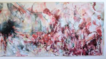 The Winged Schism, Oil and Mixed Media on Canvas, 64”x 216”, 2021