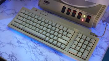An Apple Keyboard II with a DIY ADB (Apple Desktop Bus) to USB adapter made from a Teensy 2.0 (an open-source microcontroller). Image: Manetti Shrem Museum and Cleber Bonato.