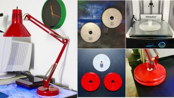 Red Office Lamp: Originally found without a base at a dump site, a new one was made using 5 pound weights and a 3D-printed connector.