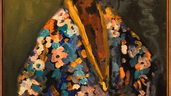 Oil painting of a woman in a colorful jacket.