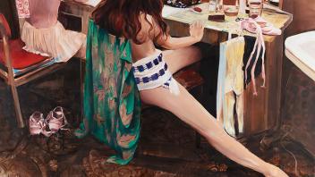Oil painting of two women seated at makeup stations backstage.