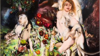 Oil painting of abstract figures in a garden.