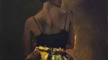 Oil painting of a woman with her back to the viewer and wearing a colorful skirt.
