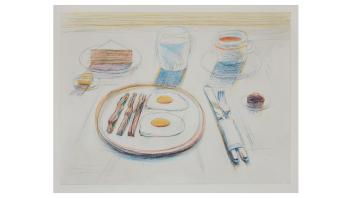 Print by Wayne Thiebaud of a table set for breakfast.