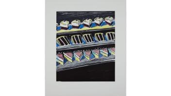 Print by Wayne Thiebaud of a bakery case with cakes and pies.