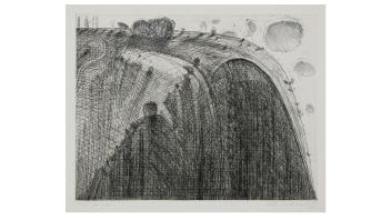 Print by Wayne Thiebaud of a mountain ridge with clouds.