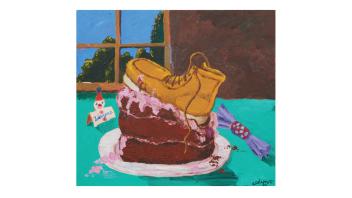 Robert Colescott, Artistry and Reality (Happy Birthday), 1980. Acrylic on canvas, 16 x 18 in. (40.6 x 45.7 cm). Courtesy of the Erle and Pinkie Flad Collection. © 2020 The Robert H. Colescott Separate Property Trust / Artists Rights Society (ARS), New York. Photo: Cleber Bonato.