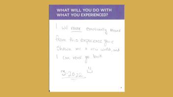 Handwritten card that says 'I will never emotionally recover from this experience you’ve shown me a new world, and I can never go back 3-20-22  :] ' 